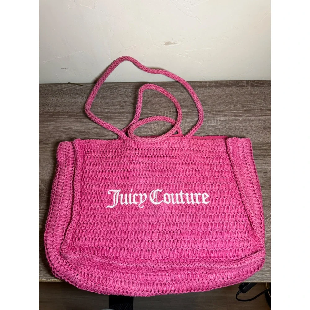 Juicy Couture Tote Bag Straw Woven Embroidered Logo Hot Pink Large